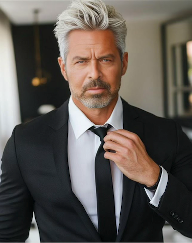 A man in a suit and tie is adjusting his tie