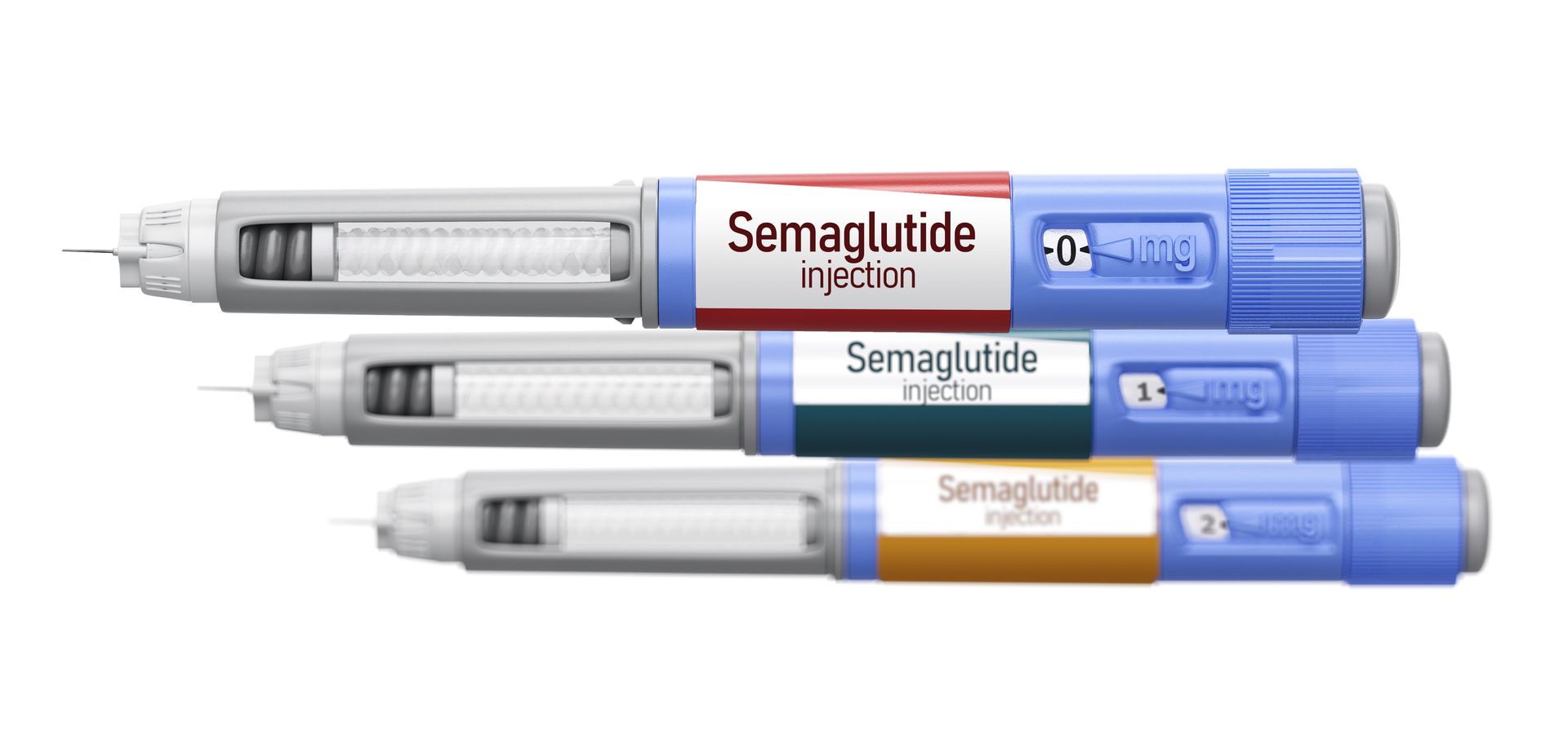 Three semaglutide injection pens are stacked on top of each other on a white background.