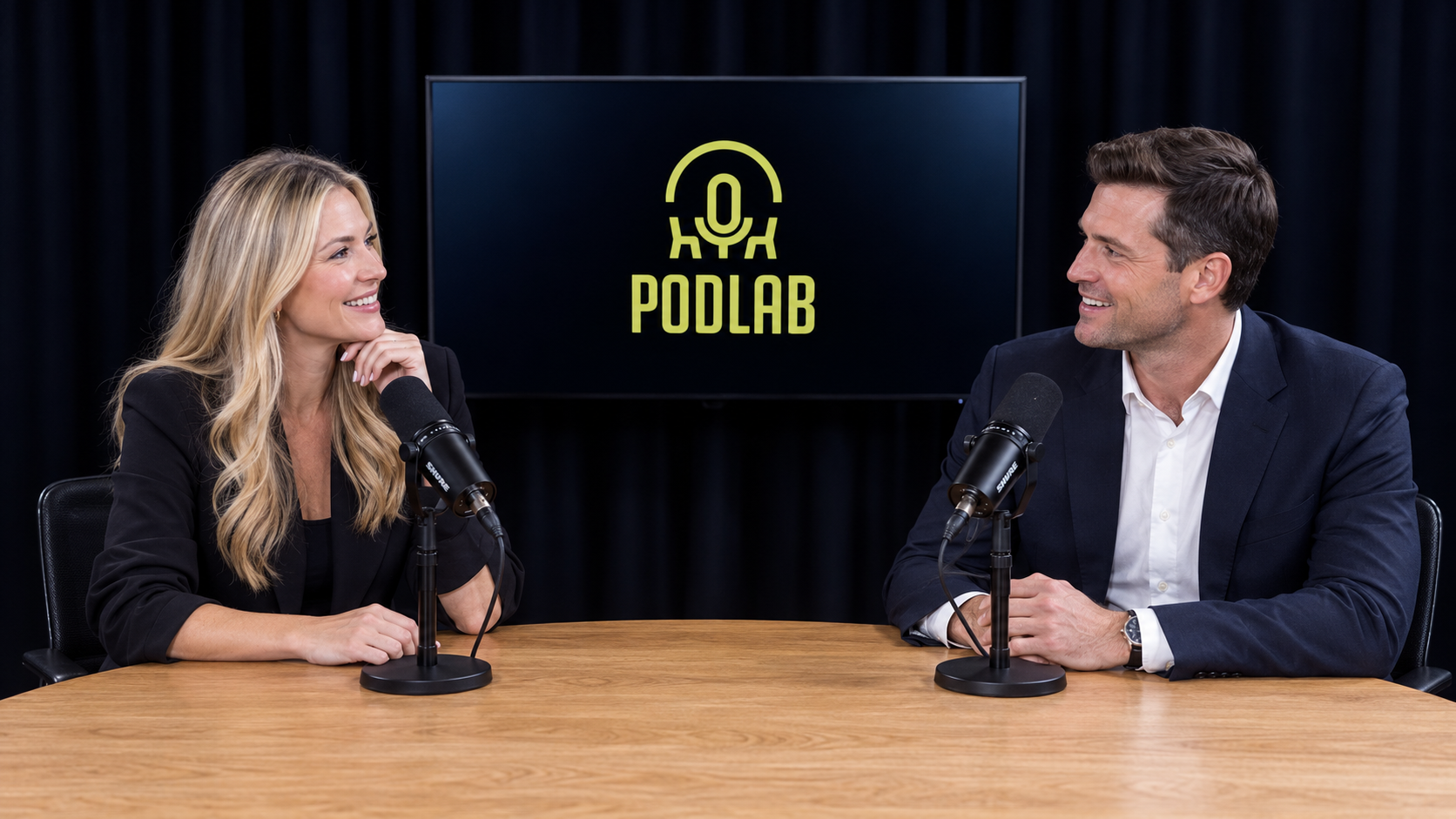 Two people seated at a round table in a studio with a Podlar logo on a screen behind them.