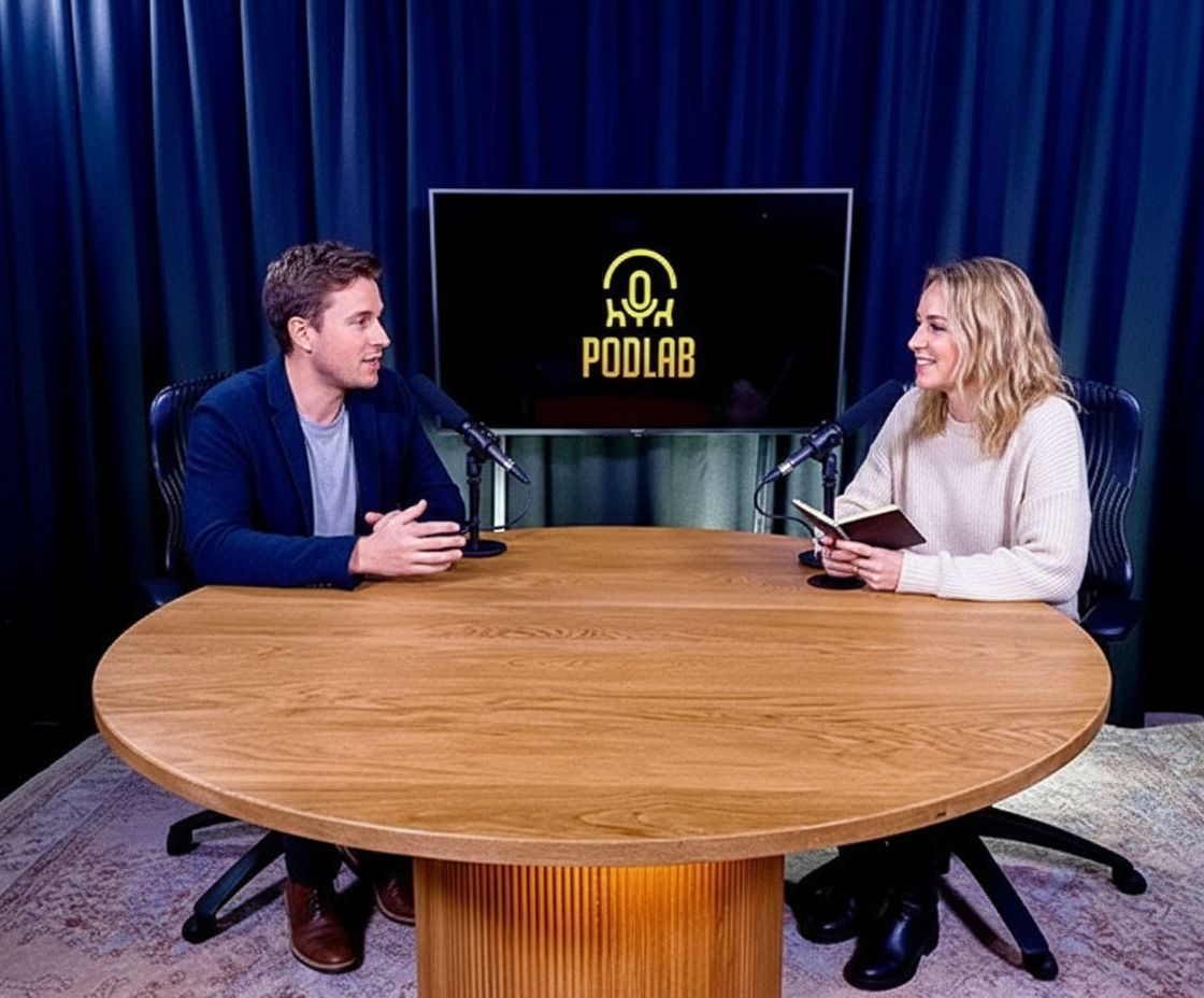 Two people seated at a round table in a studio with a Podlar logo on a screen behind them.