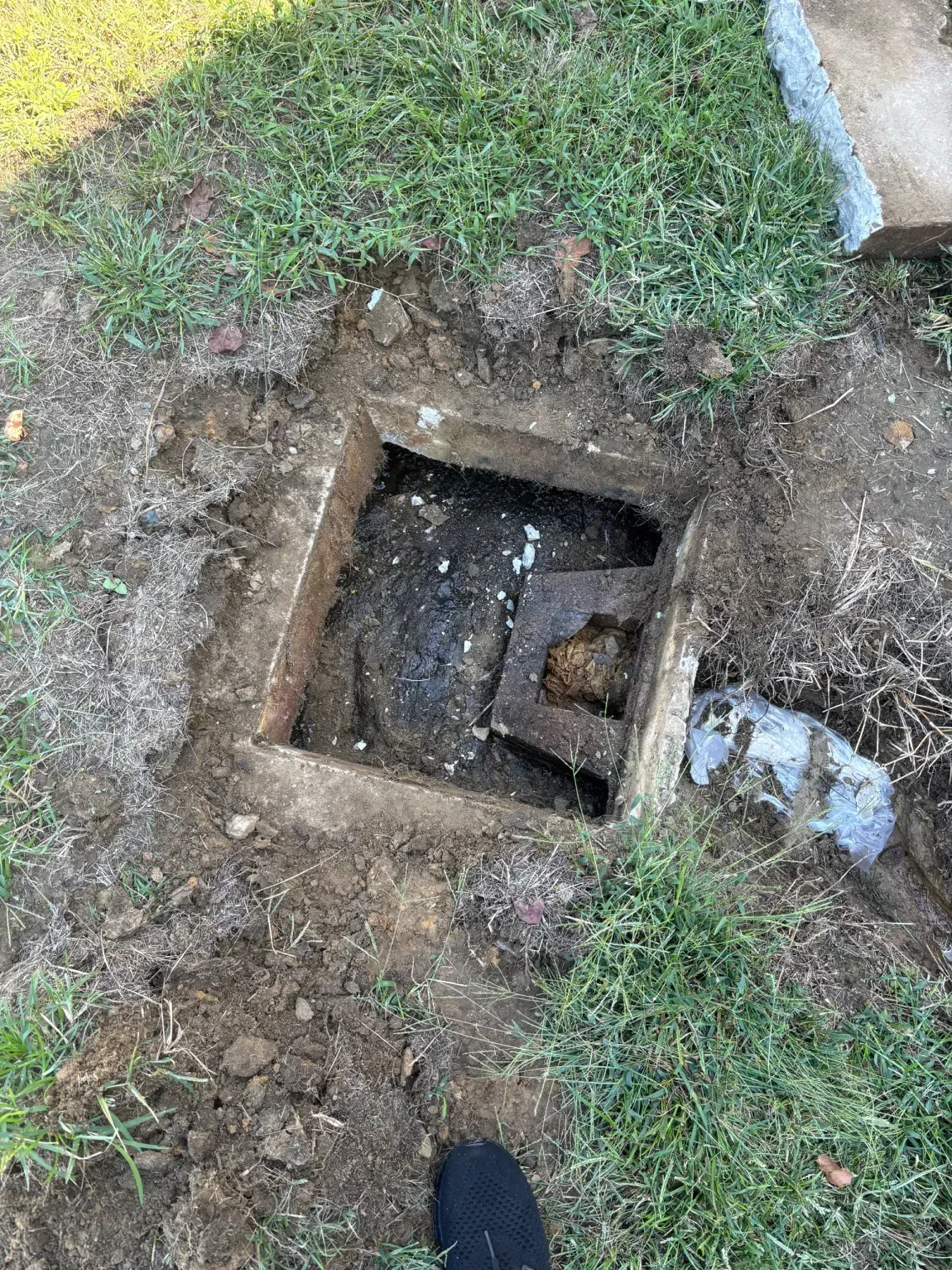 Open utility hole in grass with concrete edges and a visible pipe inside