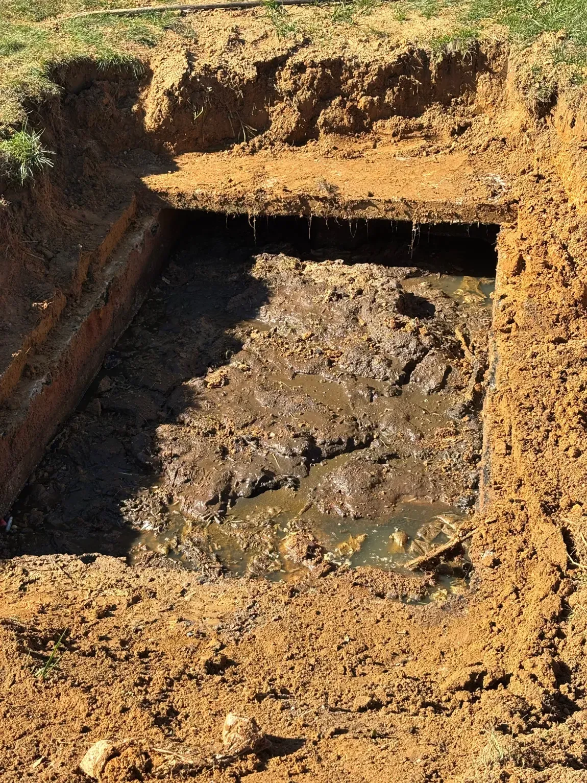 A muddy pit or trench with exposed soil and pooled water beneath a grassy edge.