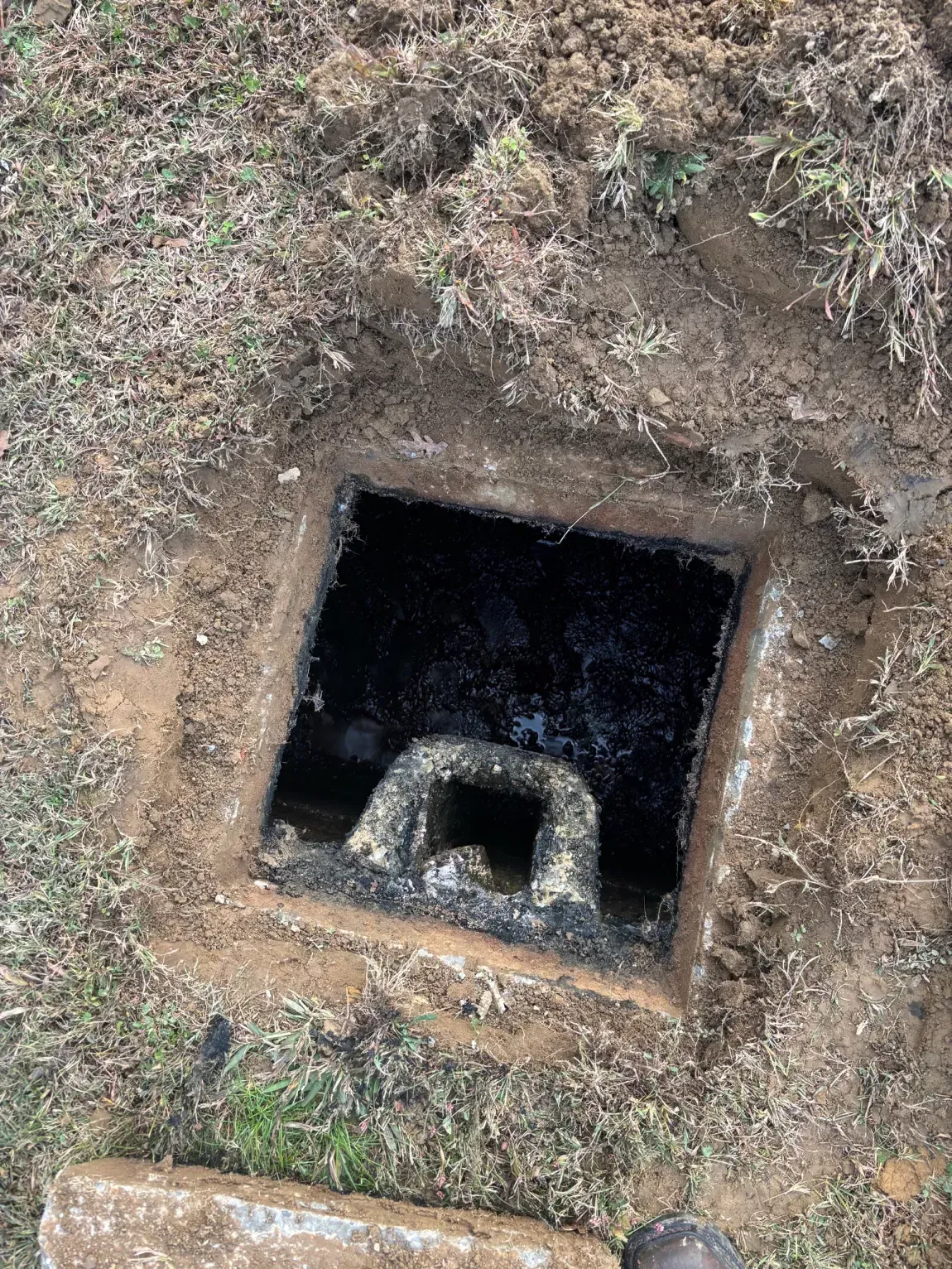 Open utility access hatch in dirt and grass, showing a dark rectangular pit with a metal handle inside.