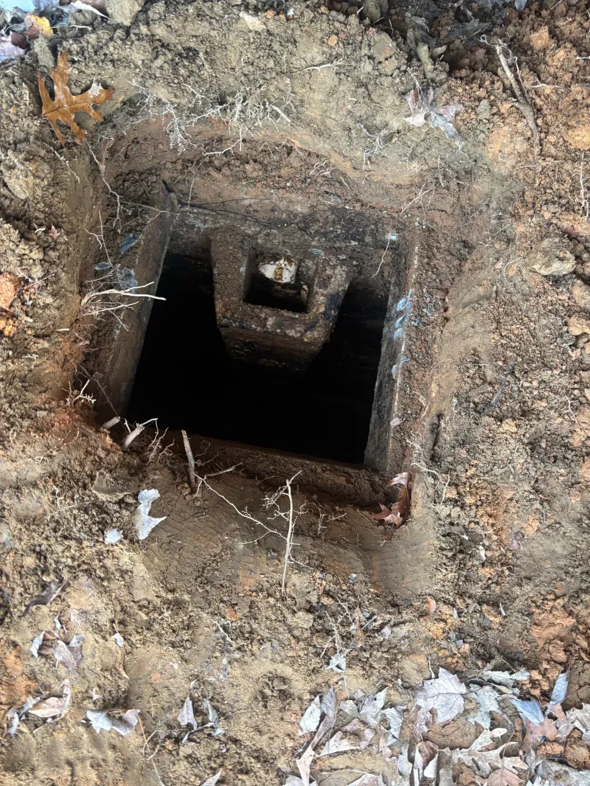 Square concrete shaft opening in dirt, with a dark ladder descending into a narrow underground space