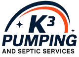 K3 Pumping and Septic Services logo in navy and orange with swoosh and stars