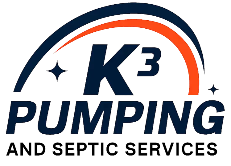 K3 Pumping and Septic Services logo in navy and orange with swoosh and stars