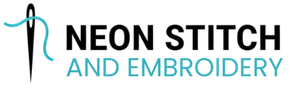 Logo with needle and teal thread; text