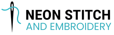 Logo with needle and teal thread; text