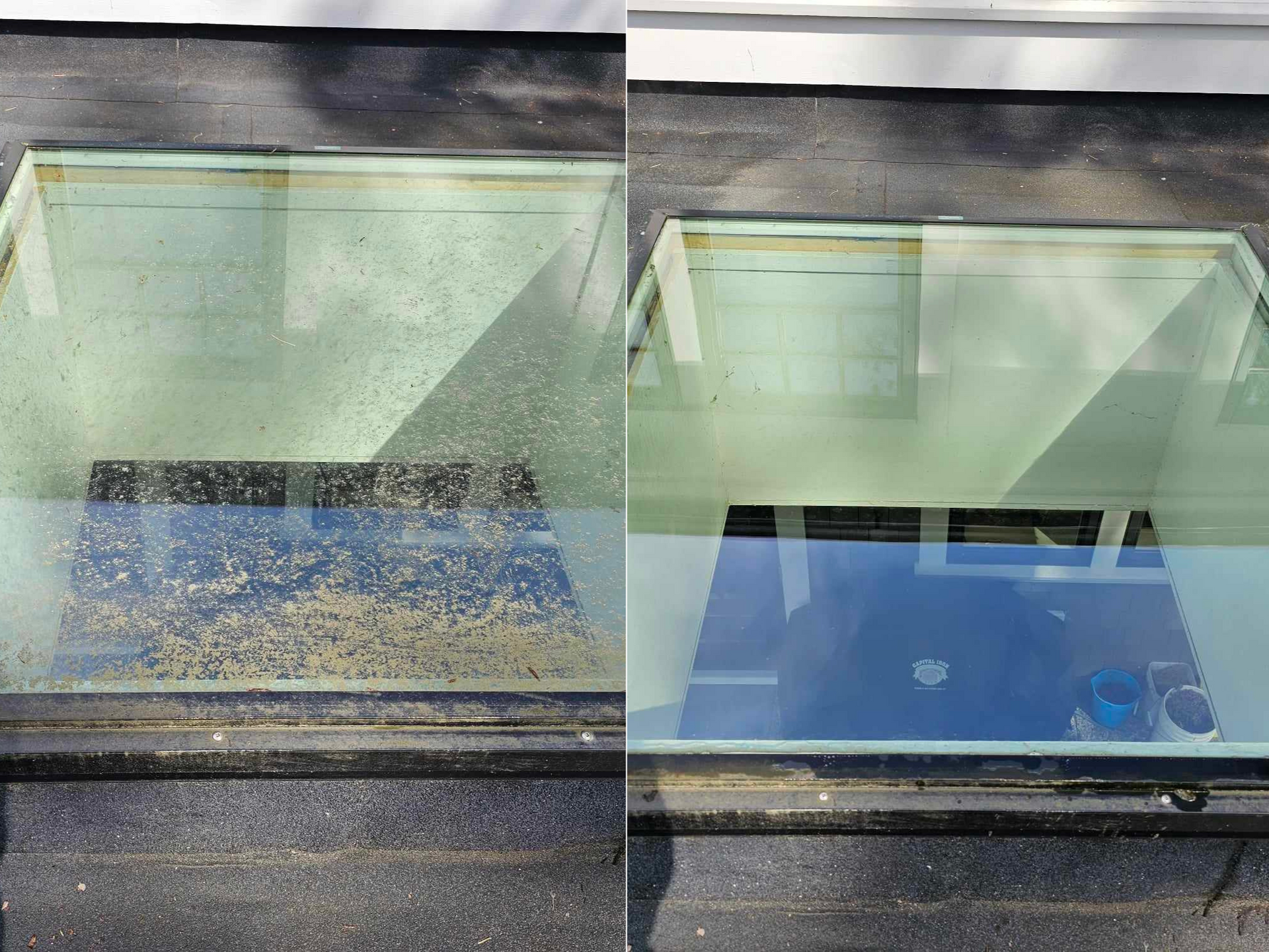 a before and after photo of a dirty skylight to clean