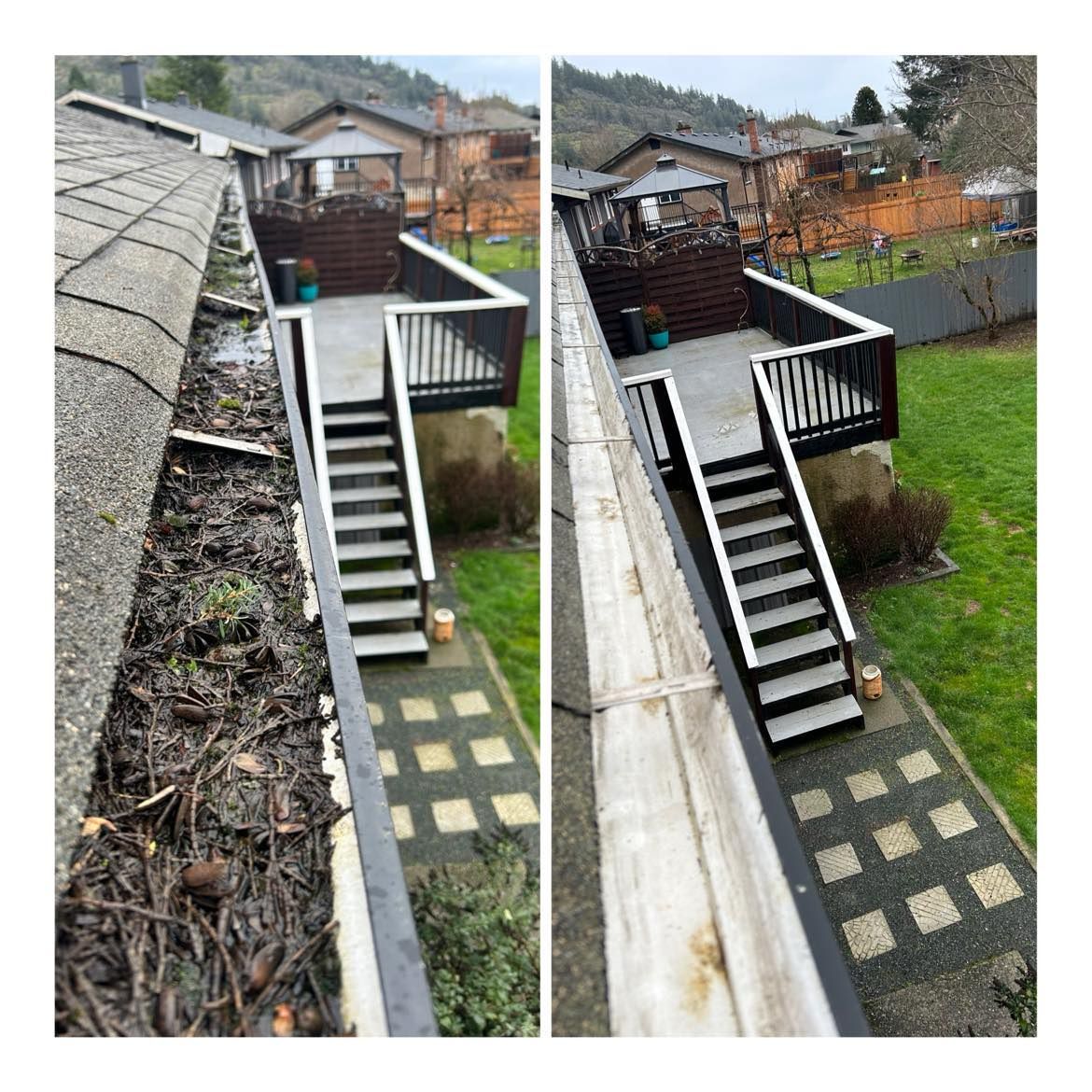 A very full gutter to sparkling clean before and after photo 