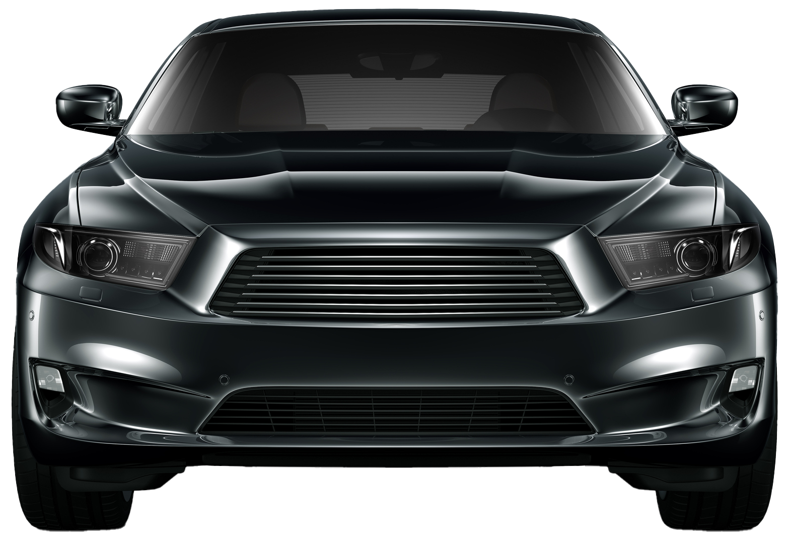 The front of a black car is shown on a white background.