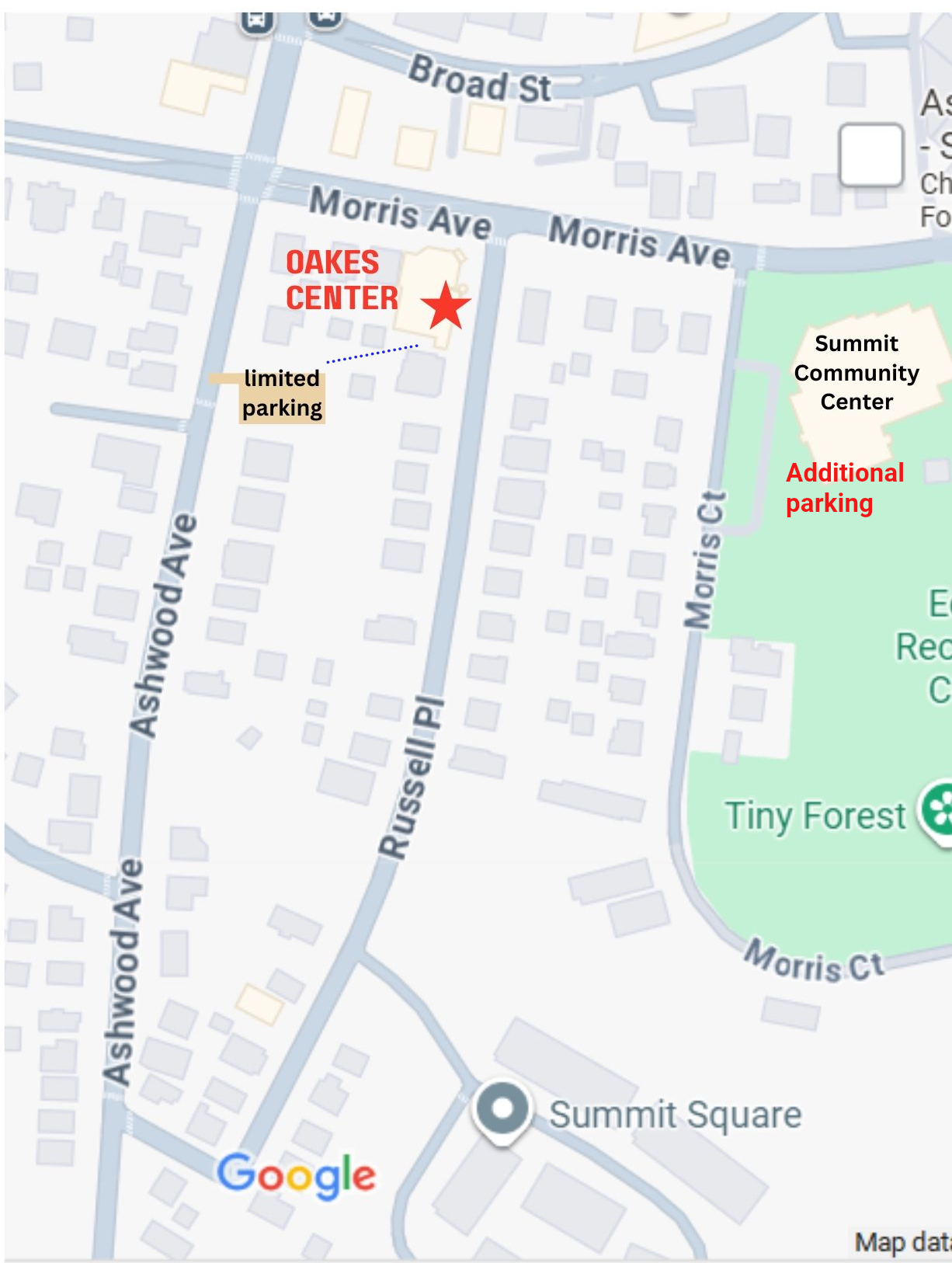 a map of parking locations near the 
Oakes Center