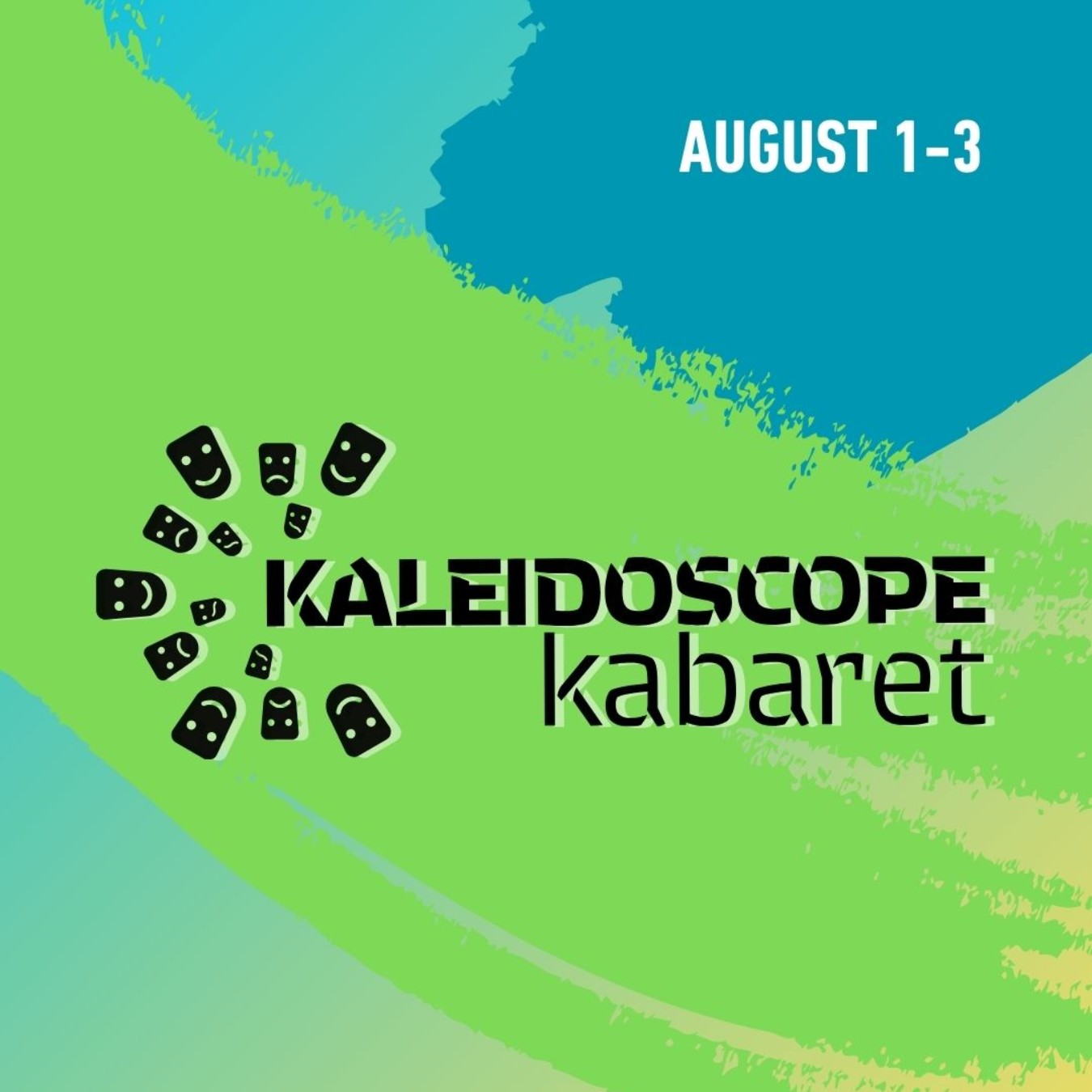 Icon announcing Kaleidoscope Kabaret with comedy and tragedy masks