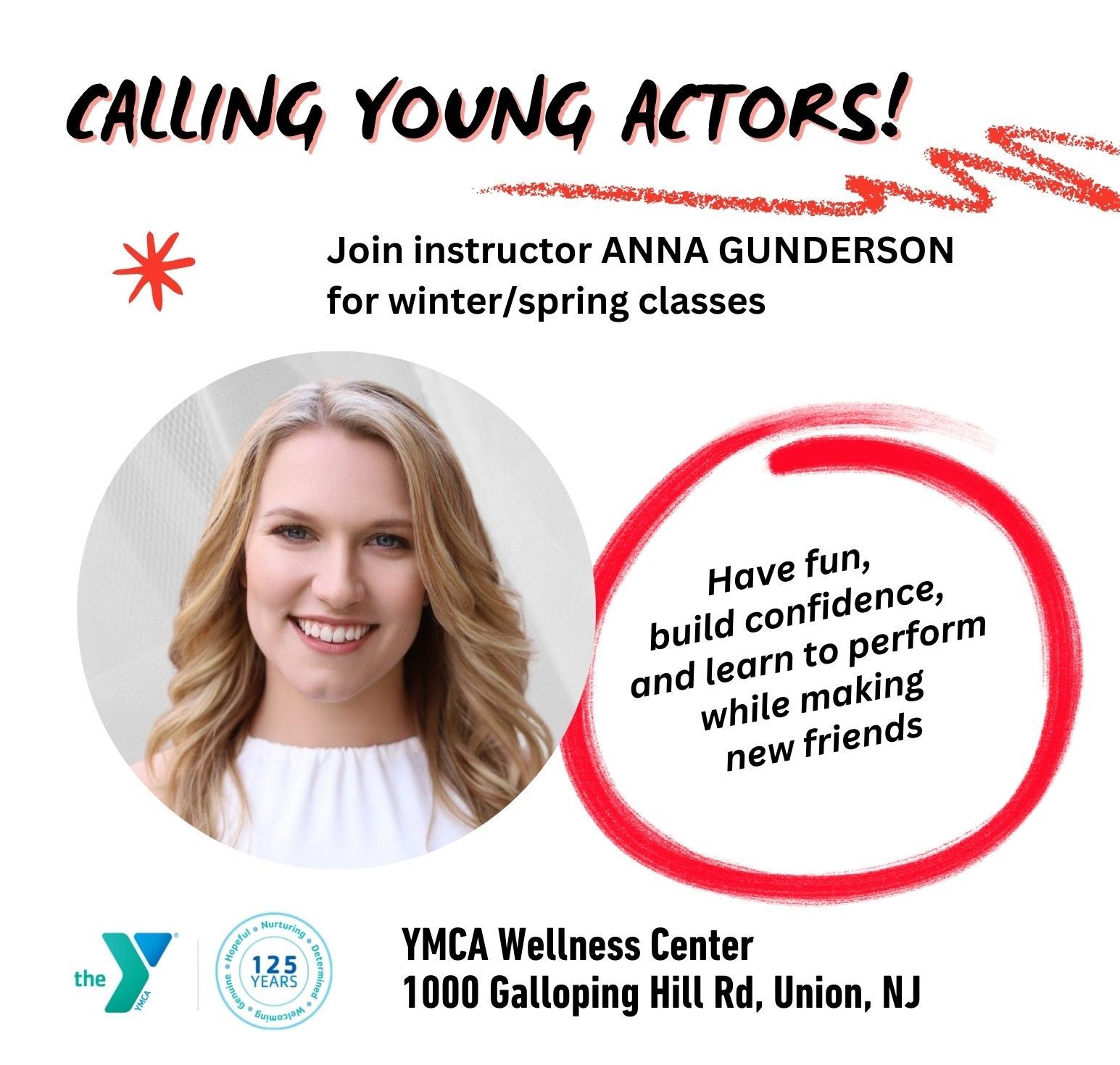 a flyer  about the acting classes for teens and tweens with a picture of instructor Anna Gunderson