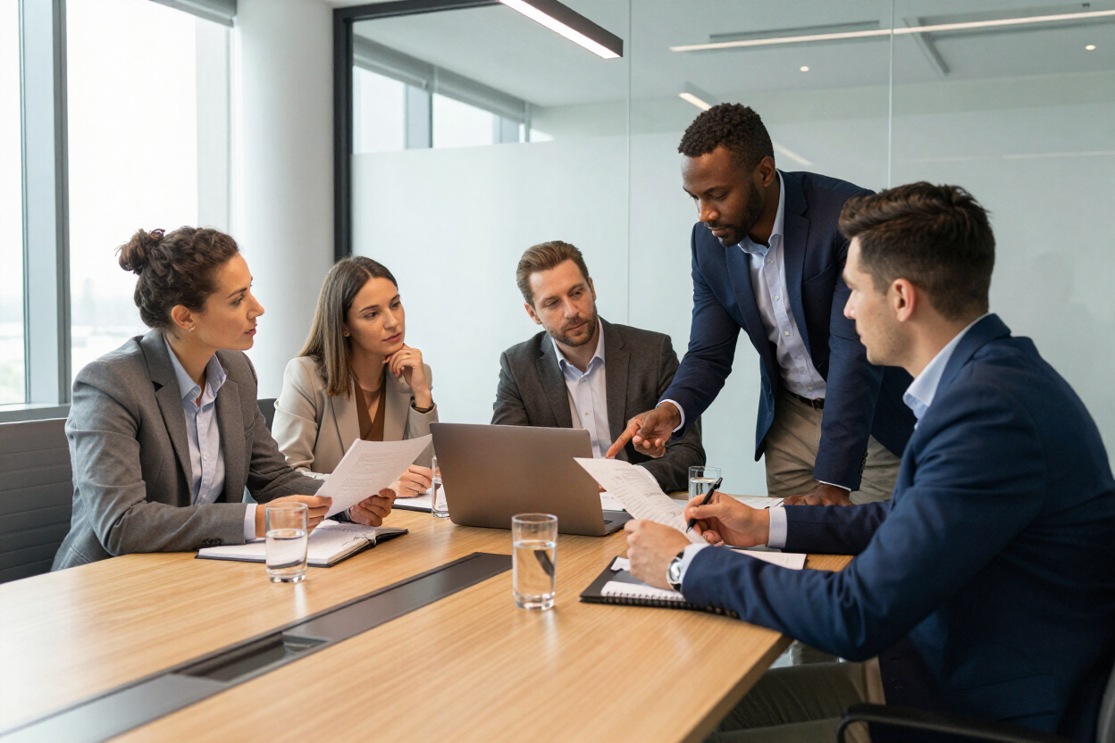 Equipo de consultores reunido en una oficina moderna