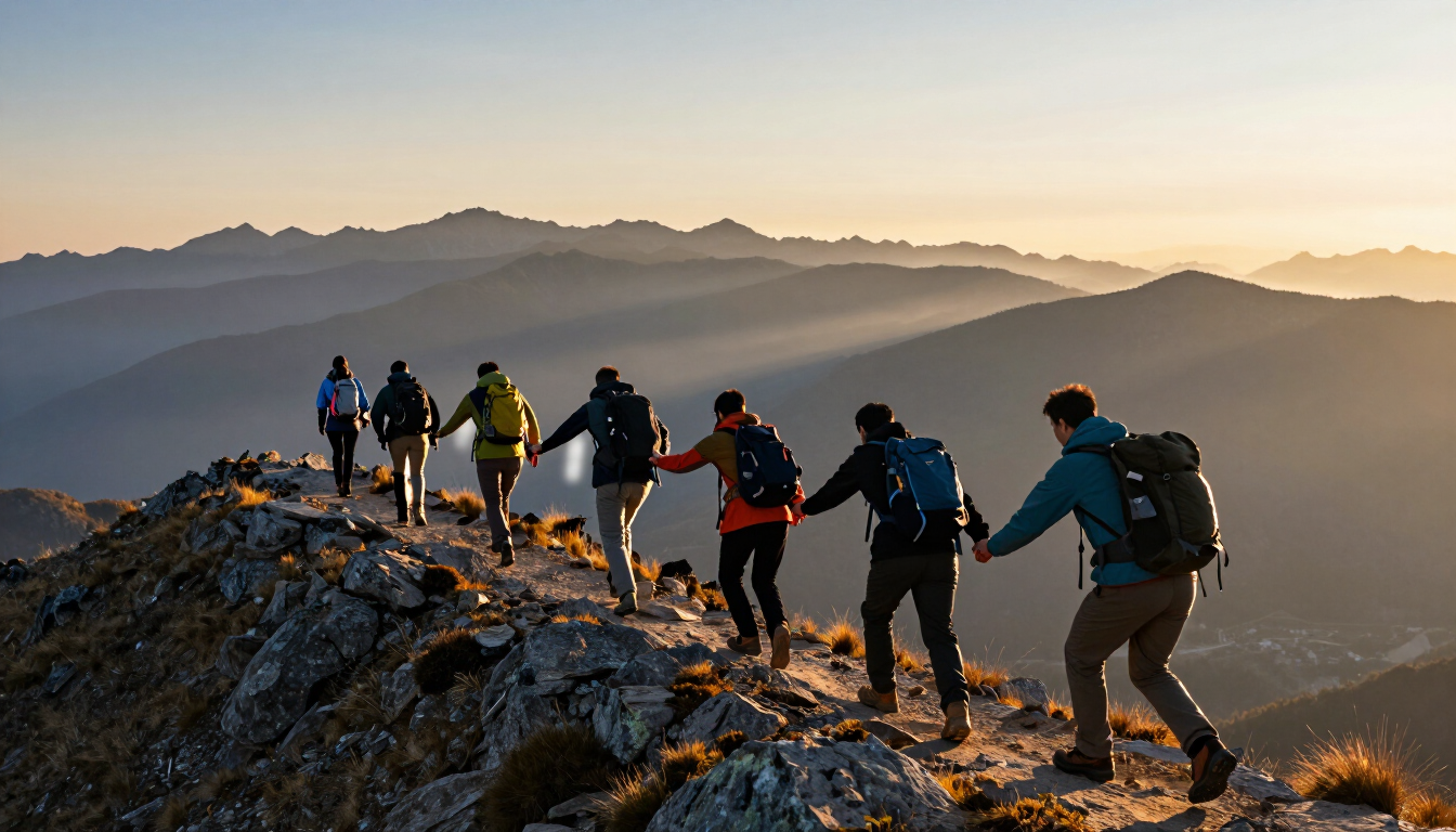 Excursionistas ascienden por un sendero de montaña hacia una zona volcánica humeante bajo un cielo parcialmente nublado.