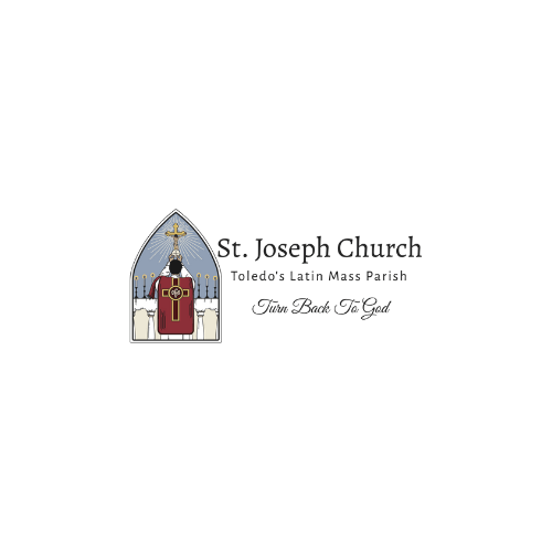Logo of St. Joseph Church, Toledo. Priest at altar inside a church with stained glass and text.