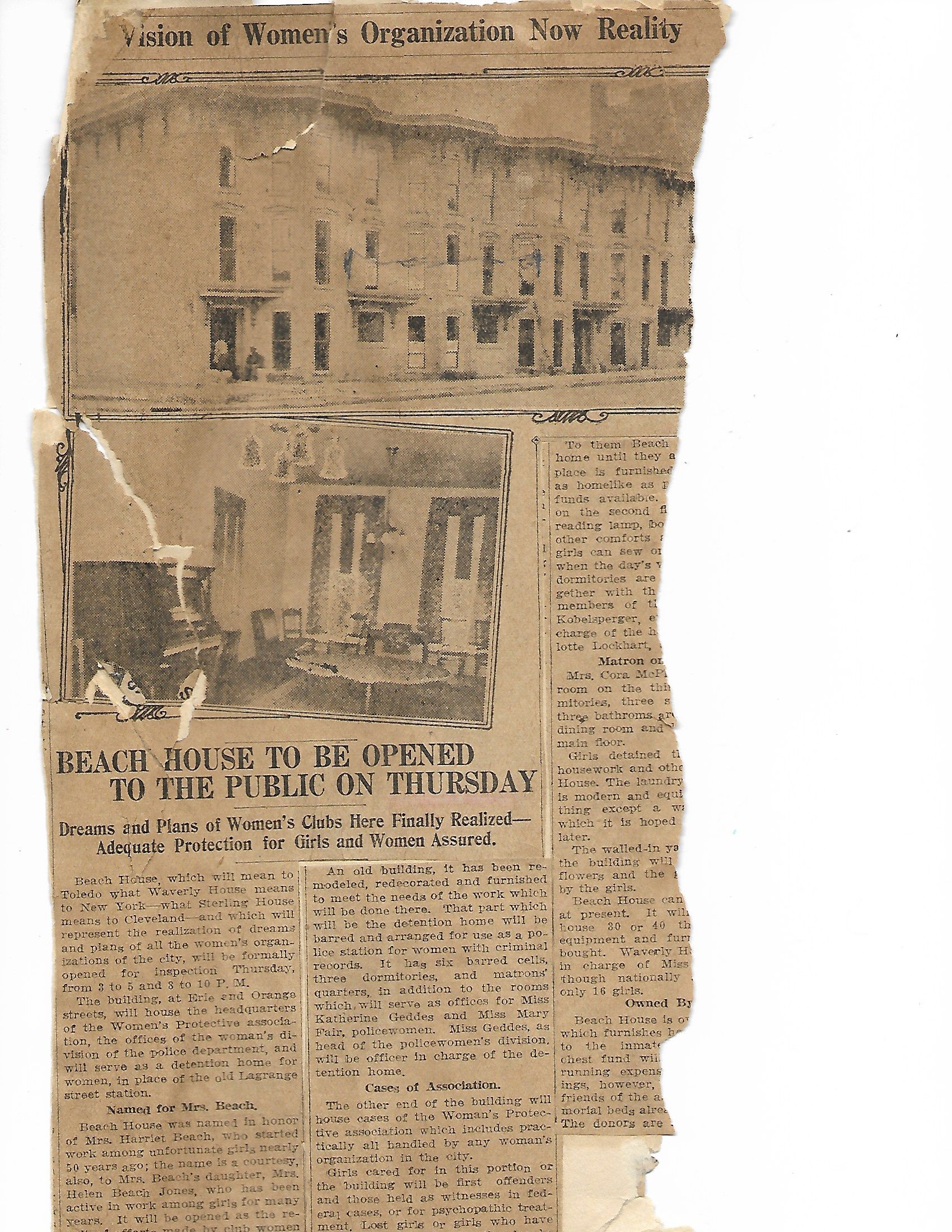 Old newspaper clipping with building photos and text headlines.