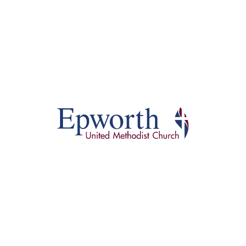 Epworth United Methodist Church logo. Blue text with cross symbol and tagline.
