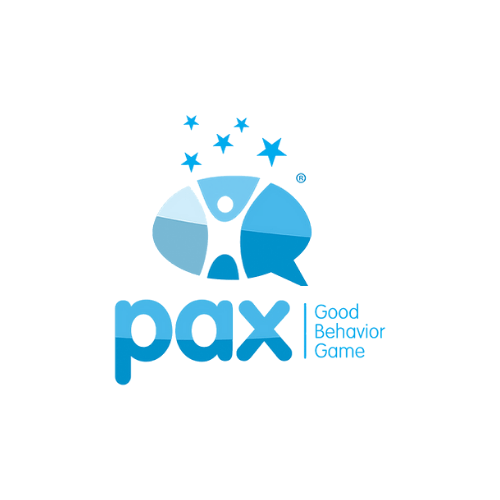 PAX Good Behavior Game logo: blue graphic of people, stars, and a speech bubble. Text