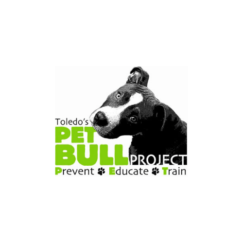 Logo for Toledo's Pet Bull Project: a black and white dog portrait with green text emphasizing prevent, educate, and train.