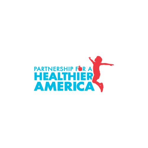 Blue and white logo with a red silhouette of a child jumping. Text reads