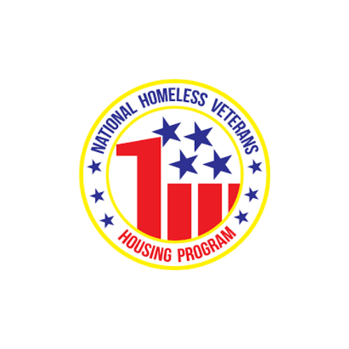 Logo for National Homeless Veterans Housing Program: red and white bars, blue stars, text in a yellow circle.