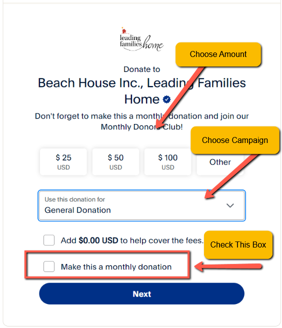 Donation form: choose amount, campaign, and monthly donation options for Beach House Inc.