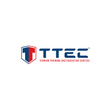 Logo for TTEC, a training and education center. Shield with blue and red T, followed by
