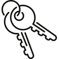 Two keys on a keyring; black outline.