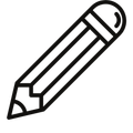 Pencil, black outline, angled. Shows the lead, wooden shaft with eraser at the top.