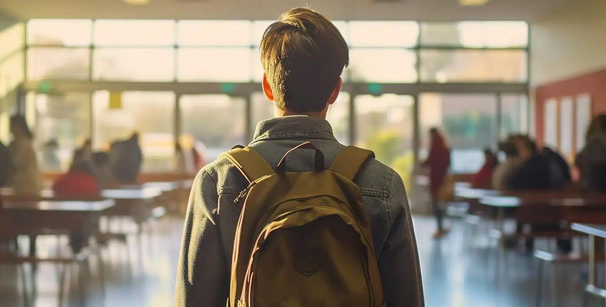 Student with backpack walking into a sunlit classroom