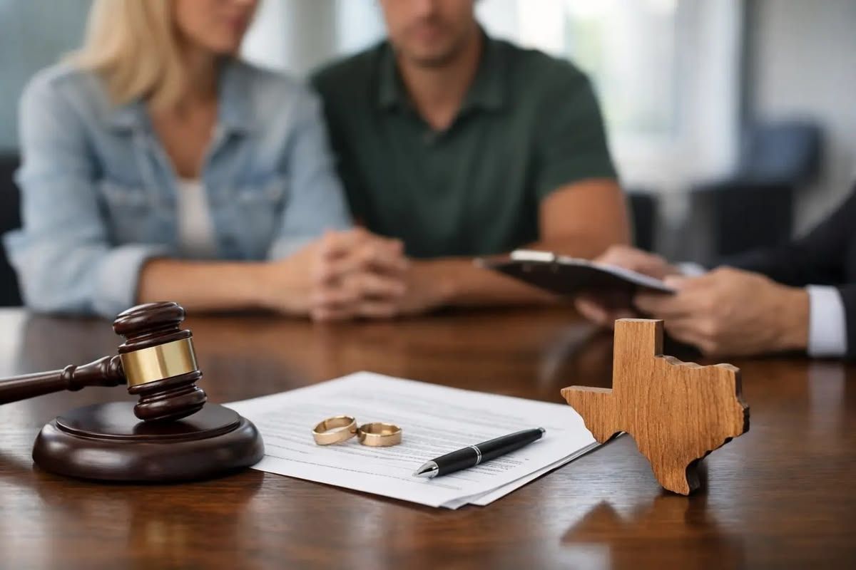 Divorce settlement meeting with gavel, paperwork, rings, and Texas-shaped decor on a wooden table