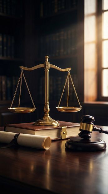 Gavel, scales of justice, and a rolled document on a desk in a warm-lit law office