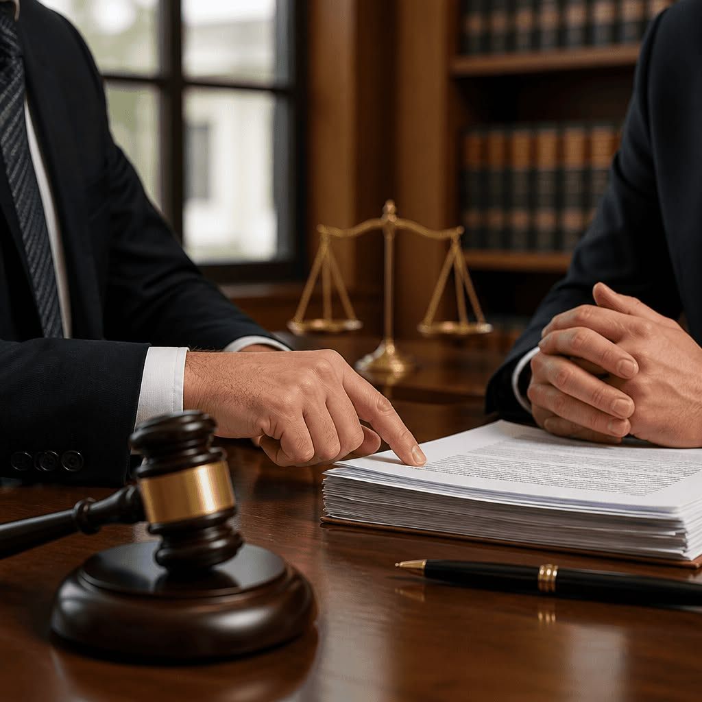 Lawyers reviewing documents at a desk with a gavel and scales of justice in a courtroom office