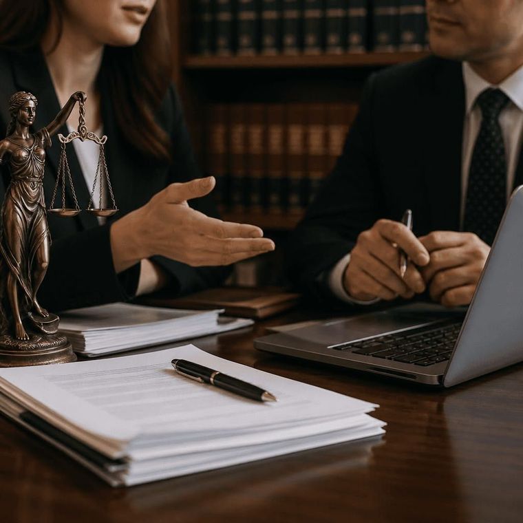 Lawyers discussing a case at a desk with scales of justice, papers, and a laptop in a law office