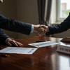 Businesspeople shaking hands across a conference table with documents and a laptop visible