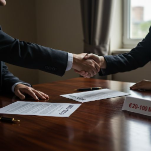 Businesspeople shaking hands across a conference table with documents and a laptop visible