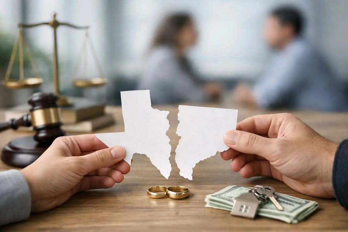 Two hands tear a paper divorce agreement beside wedding rings and a judge’s gavel on a table.