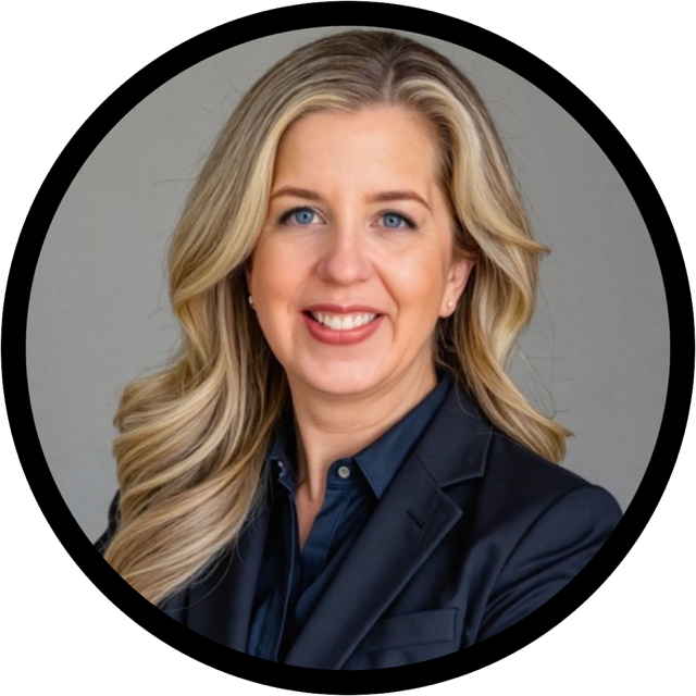 Headshot of a smiling blonde woman in a navy blazer against a gray background