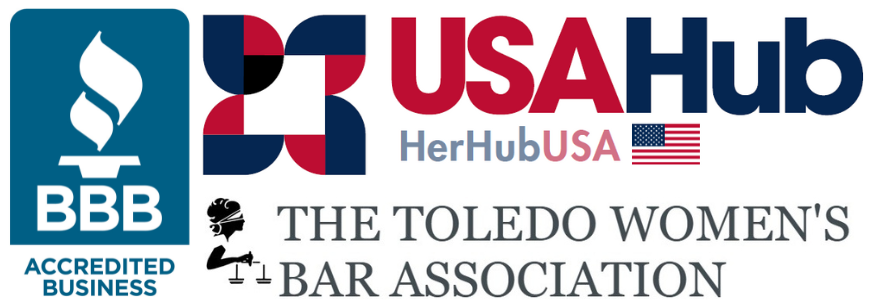 Logos for BBB Accredited Business, USAHub/HerHubUSA, and The Toledo Women’s Bar Association