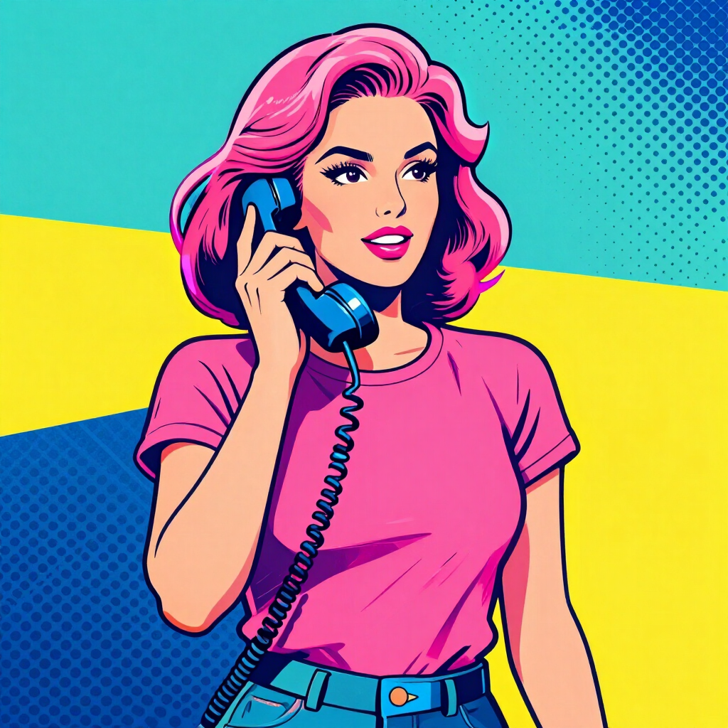 Donna con i capelli rosa che tiene in mano un telefono blu, su uno sfondo luminoso in stile pop art