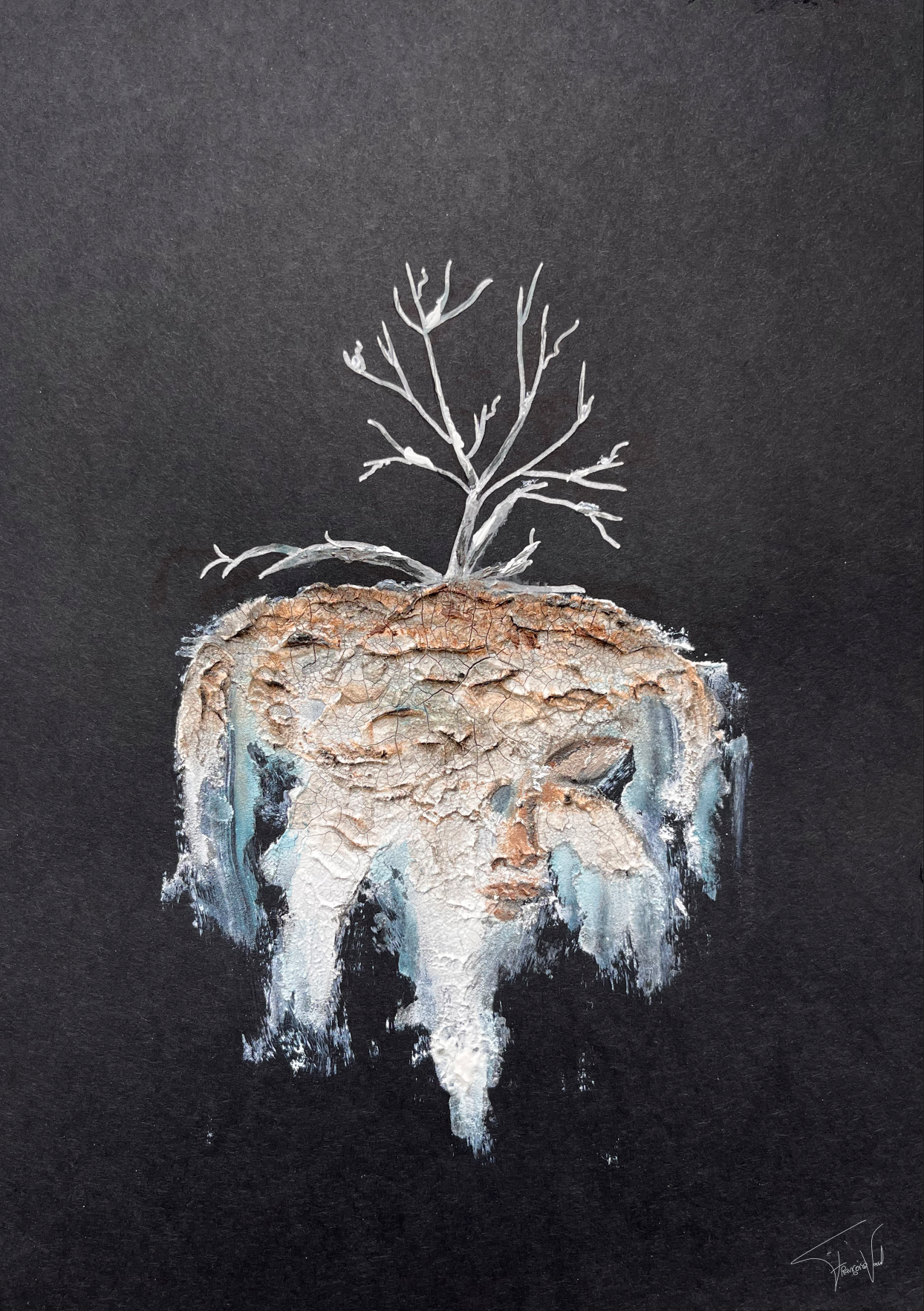 textured landscape painting on paper called Hibernate, depicting a tree and a sleeping mother earth, made by Françoise Vaal.
