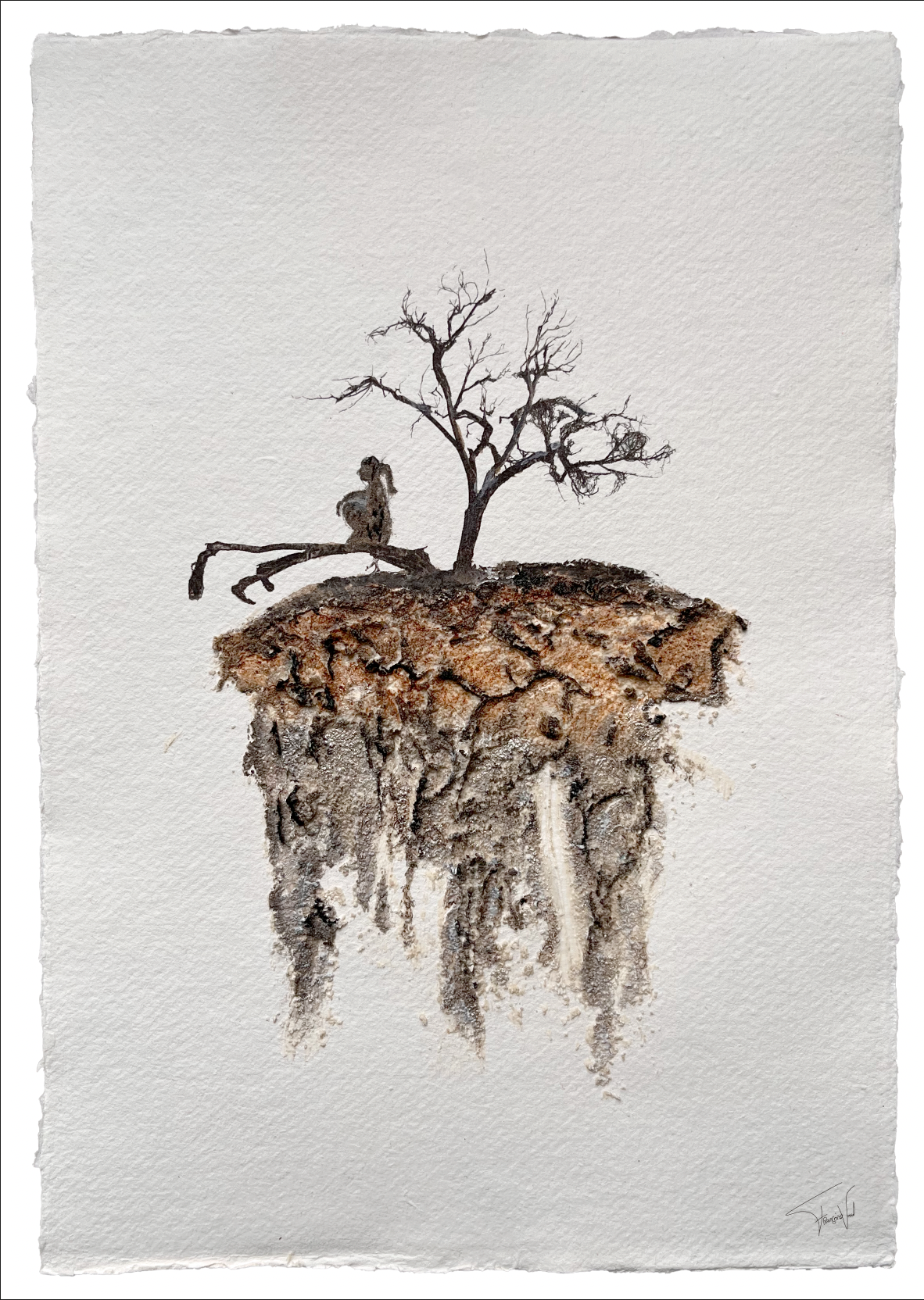 textured mixed media artwork on paper of a tree and rugged landscape with a musing woman, made by Françoise Vaal
