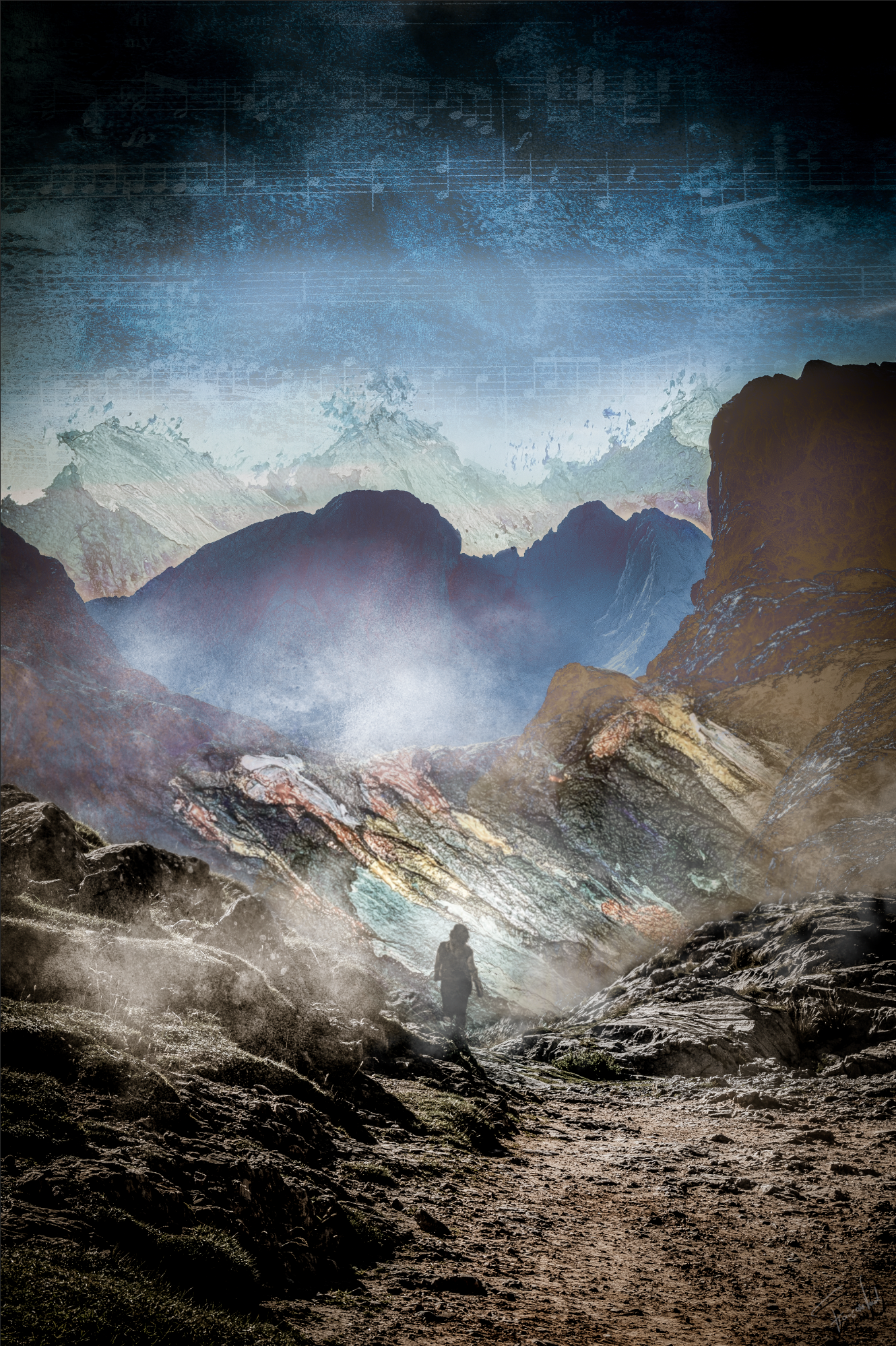 mixed media artwork called 'Hope', made by Françoise Vaal, depicting a woman walking into a mountainous area.