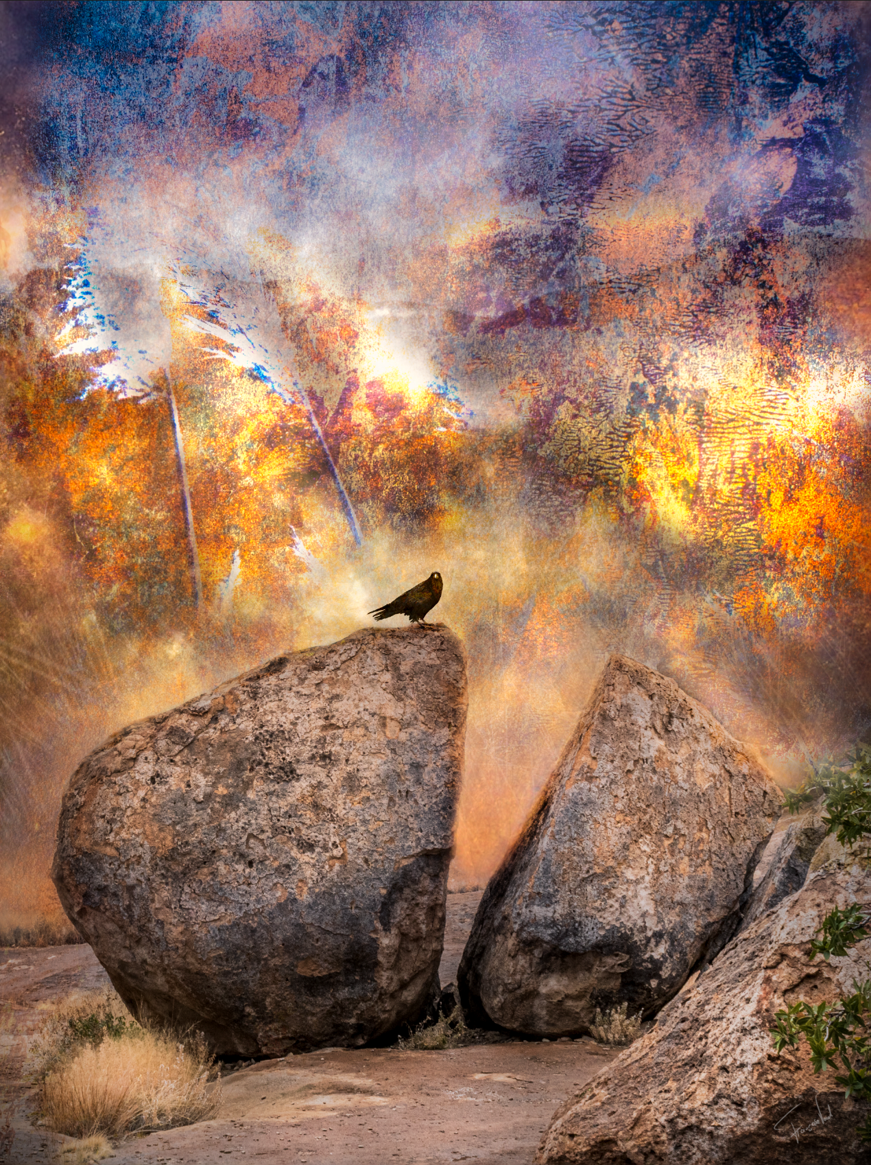 Digital mixed media collage art of a rugged rocky landscape with a raven made by Françoise Vaal