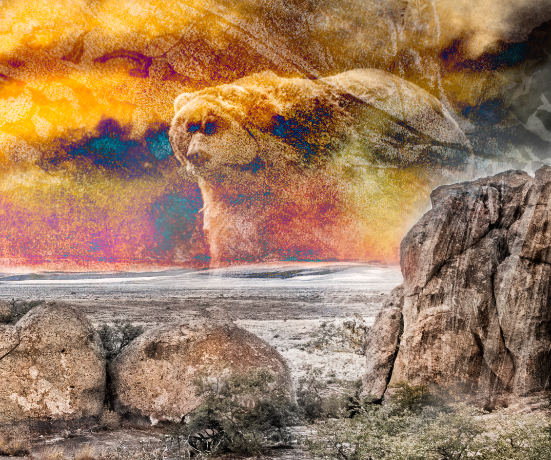 Digital mixed media collage art of a rugged rocky landscape with a bear made by Françoise Vaal