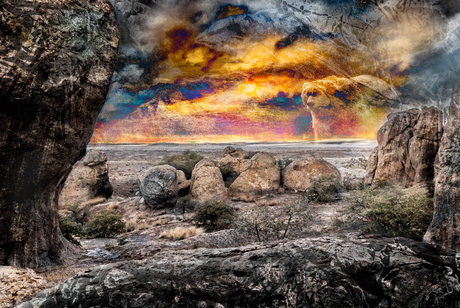 Mixed media landscape artwork of a rocky alien landscape with a spirit bear, by Françoise Vaal