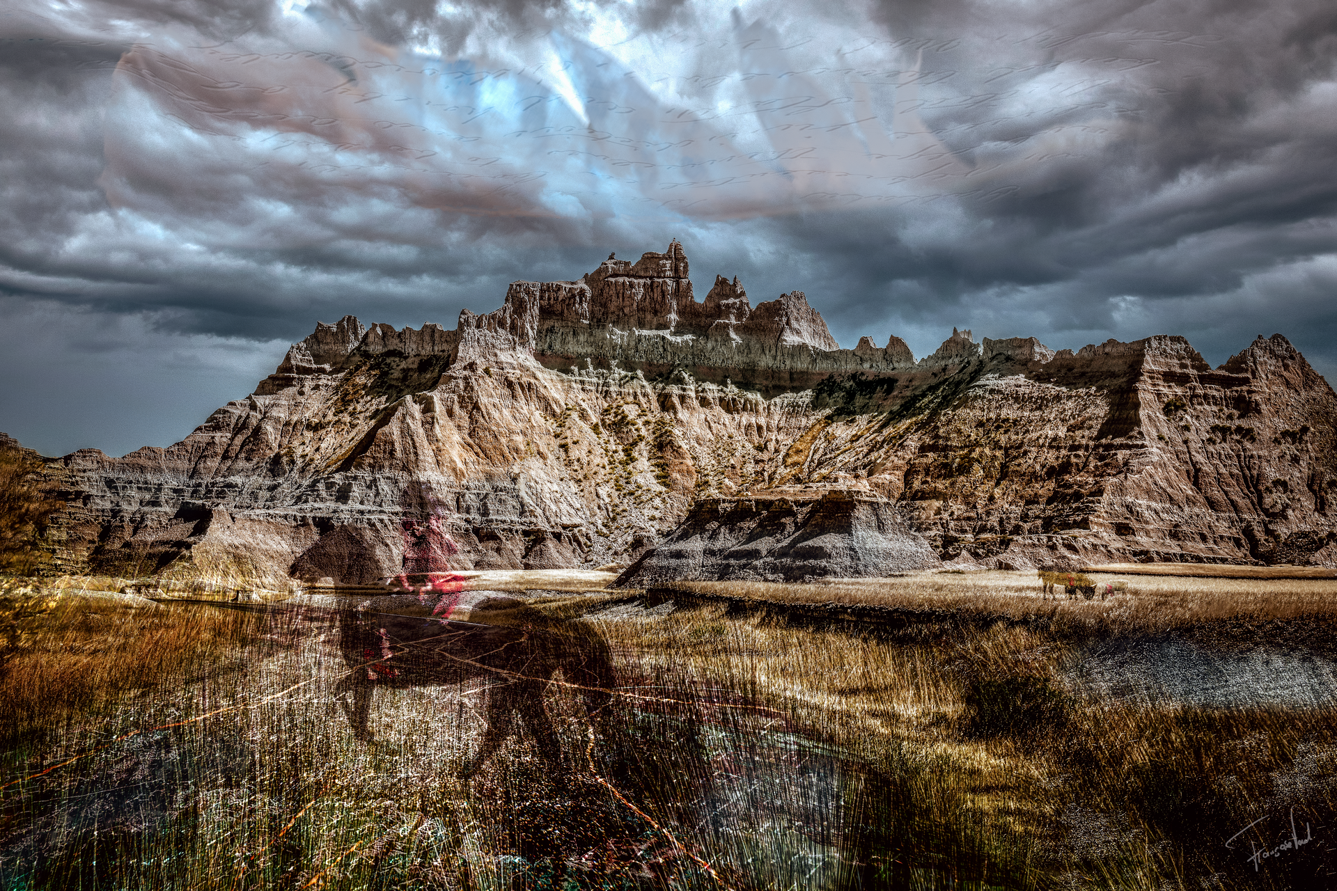 Digital mixed media collage art of a rugged badlands mountain landscape made by Françoise Vaal