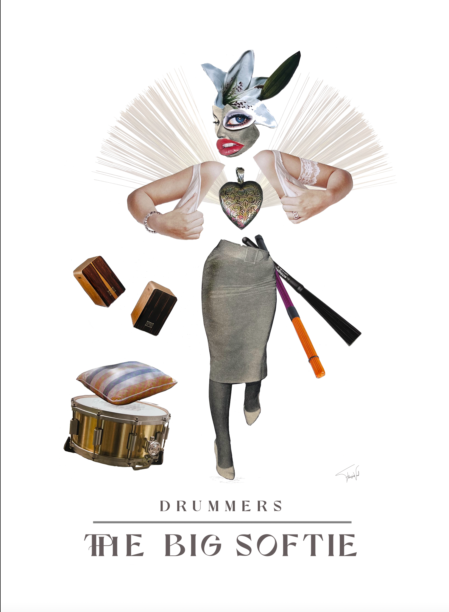Female drummer collage by Françoise Vaal, depicting the Sensuous drummer